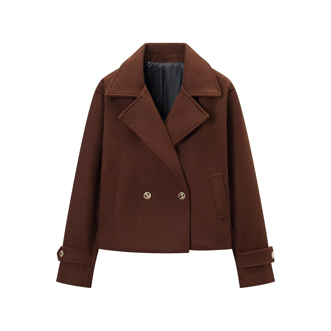 Damen Kurzer Doppelreihiger Wollmix-Kurzmantel mit großem Revers, Krempelmanschetten und Pattentaschen Nord Taschen
