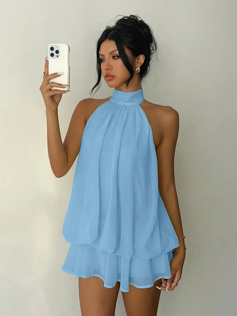 Damen lässiges Trägerkleid mit hochgeschlossenem Design und gerafftem Saum