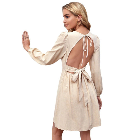 Damen rückenfreies A-Linien Kleid mit Taillenband, Neck-Tie und langen Ballonärmeln Nord Taschen