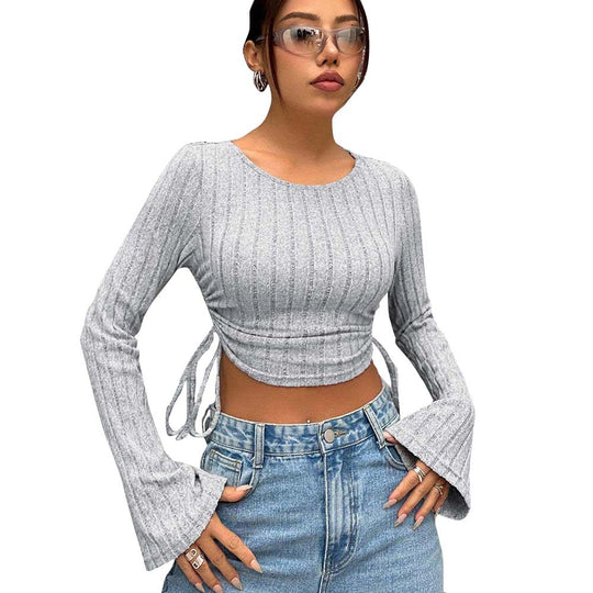 Damen geripptes Cropped-Longsleeve mit seitlicher Tunnelzugraffung, ausgestellten Ärmeln und figurbetonter Passform Nord Taschen