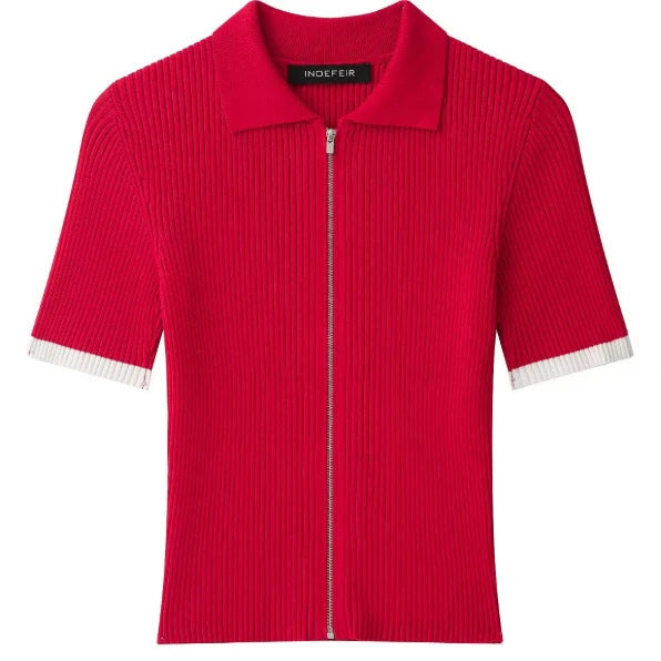 Damen Feinstrick-Poloshirt-Cardigan mit kurzem Arm und durchgehendem Reißverschluss Nord Taschen