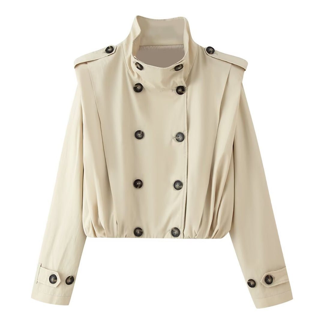 Damen Cropped Doppelreihiger Trench‑Blouson mit Stehkragen, Schulterpatten und elastischem Saum Nord Taschen