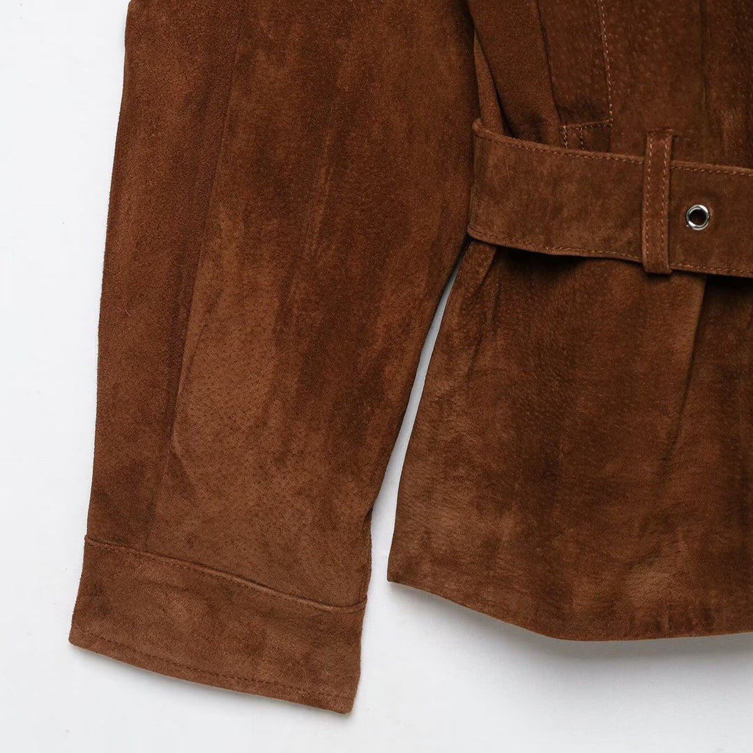 Damen Taillenbetonte Velourslederjacke im Trenchstil mit Stehkragen und breitem Bindegürtel Nord Taschen