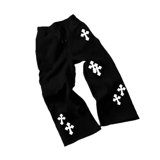 Herren Weite Sweatpants mit Gothic-Kreuz-Print, Tunnelzug & Tiefer Schritt Nord Taschen