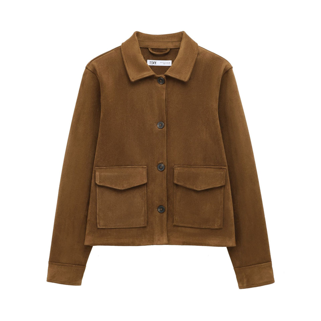 Damen Kurze Wildlederoptik-Jacke mit aufgesetzten Klappentaschen Nord Taschen