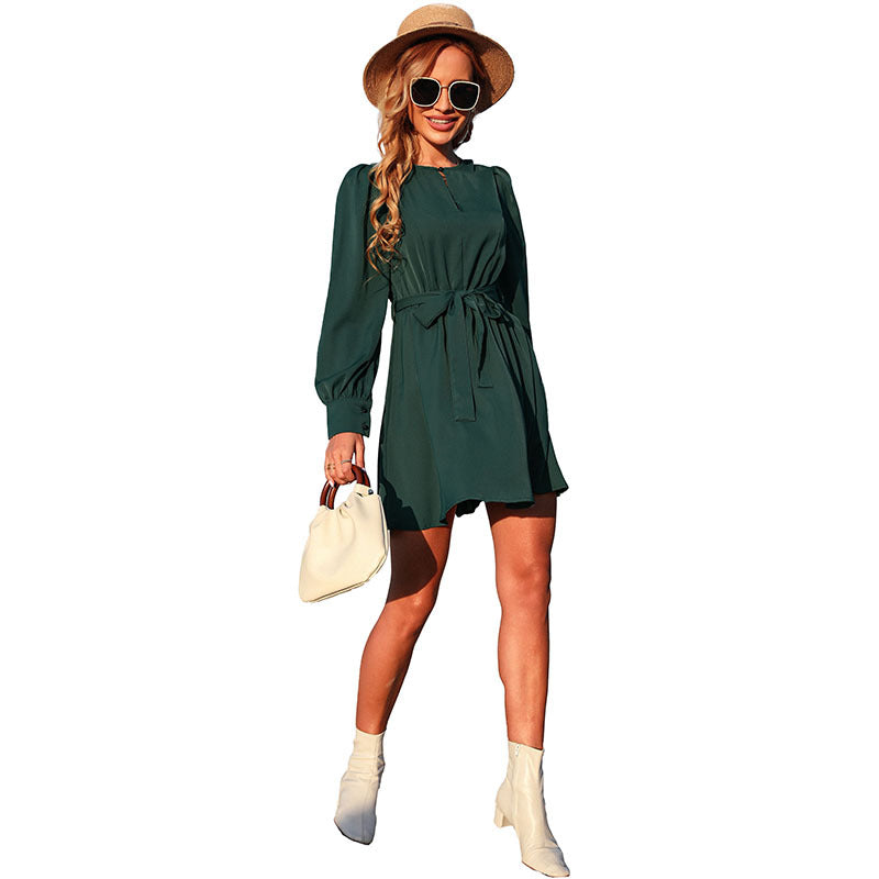Damen Elegantes Kurzarm Kleid mit Gürtel Nord Taschen