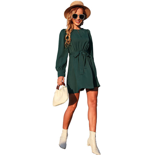 Damen Elegantes Kurzarm Kleid mit Gürtel Nord Taschen