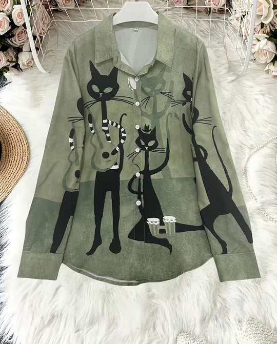 Damen Modische Hemdbluse mit einzigartigem Katzenmotiv Nord Taschen