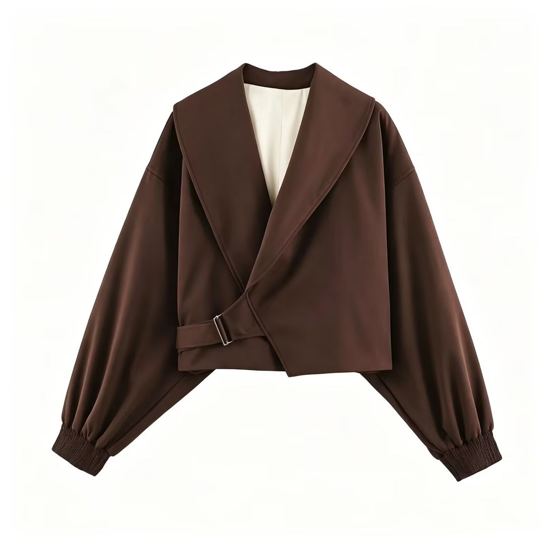 Damen 40+ Cropped Wickelblouson mit übergroßen Ballonärmeln und asymmetrischem Schnallenverschluss Nord Taschen