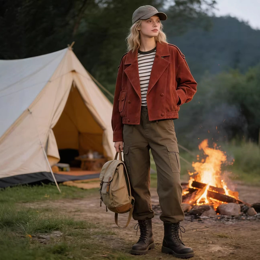 Damen Kurzjacke aus Veloursleder im Oversize‑Schnitt mit doppelreihiger Knopfleiste Nord Taschen
