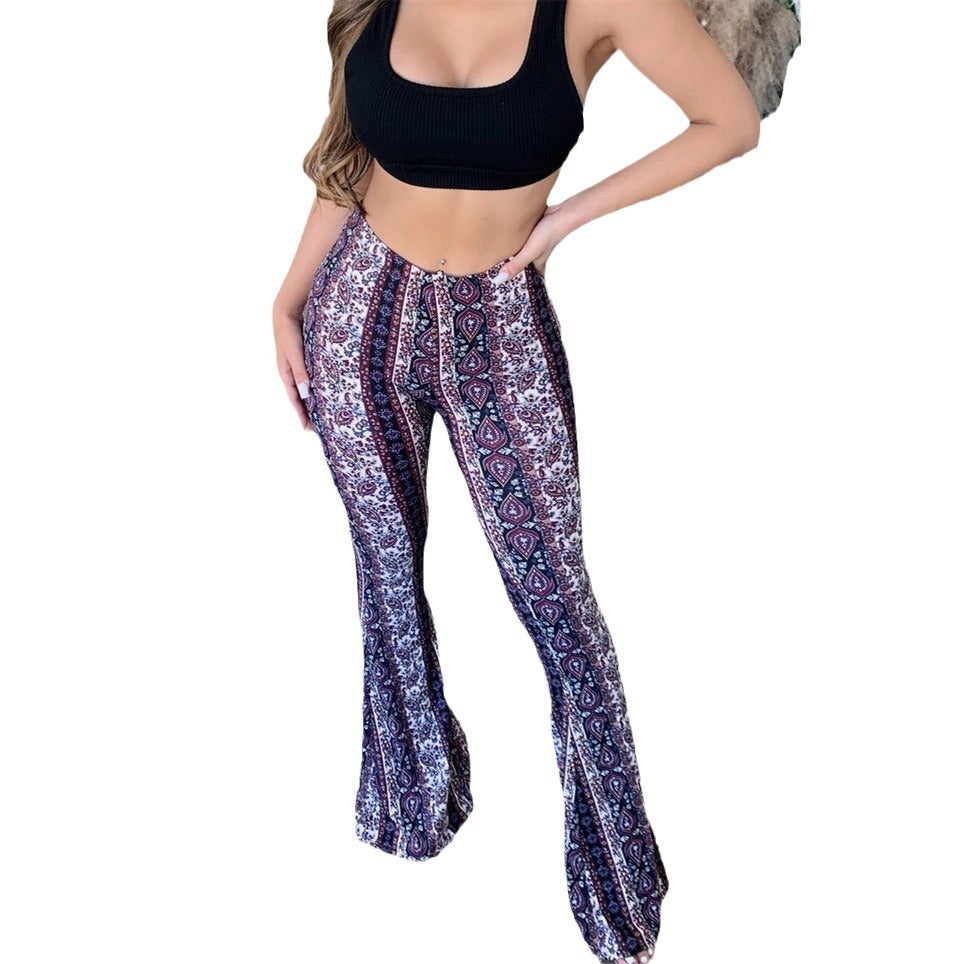 Damen Boho-florale hochgeschnittene Schlaghose aus Stretch-Jersey Nord Taschen