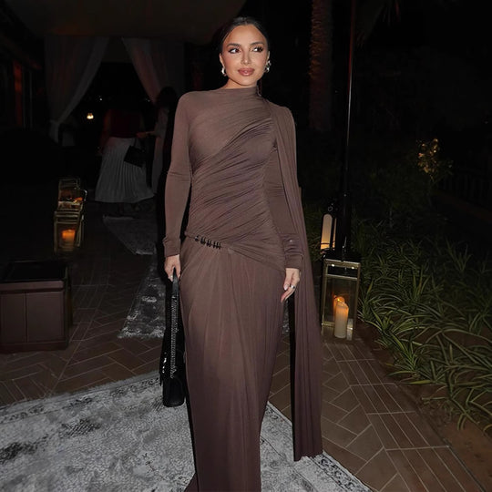 Damen Figurbetontes Abendkleid mit asymmetrischer Drapierung, gerafftem Oberteil und langer Drapé‑Schleife Nord Taschen