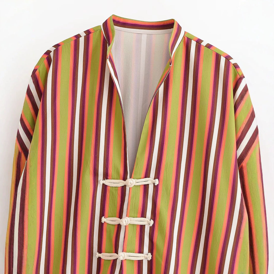 Damen Gestreifte Kimono‑Jacke mit kurzen Trompetenärmeln und dekorativen Knotenverschlüssen Nord Taschen