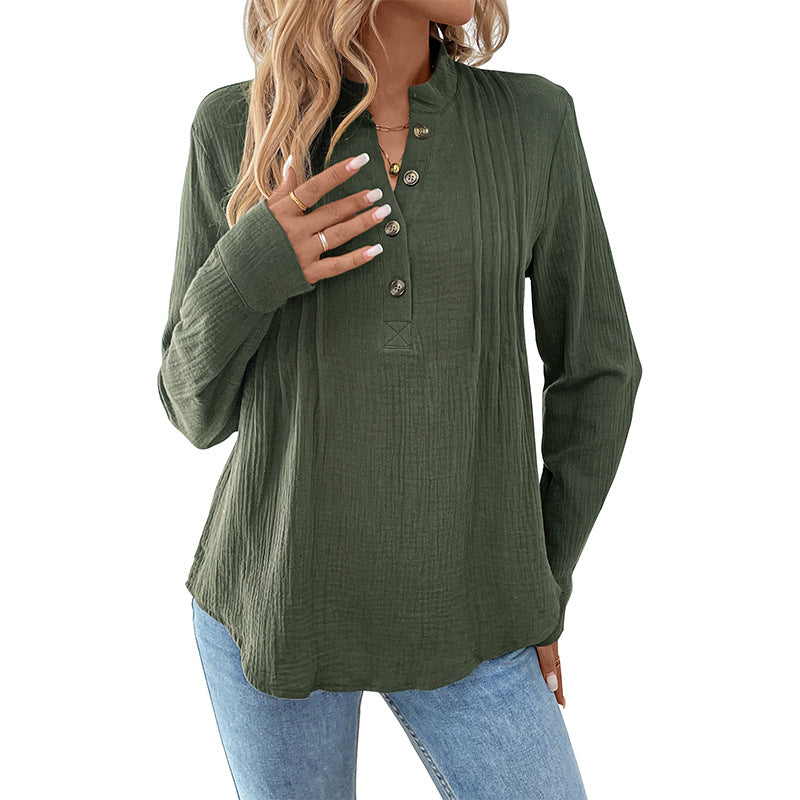 Damen Leichtes Crinkle-Henley-Blusenshirt mit Stehkragen, langen Ärmeln und entspannter Passform Nord Taschen