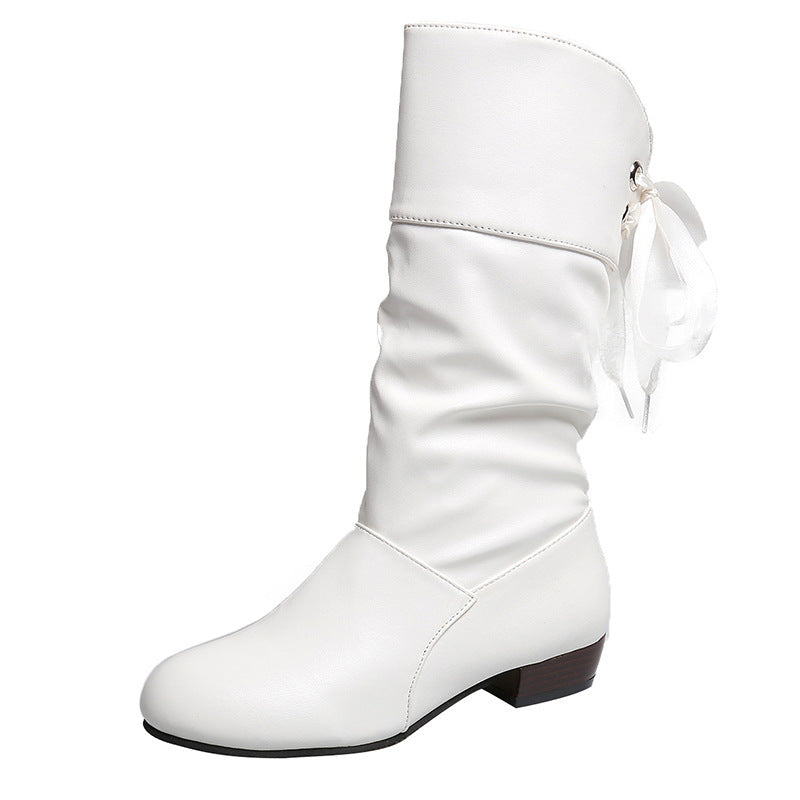 Damen Wadenhohe Slouch‑Stiefel mit dekorativem Satinschnürband und niedrigem Blockabsatz Nord Taschen