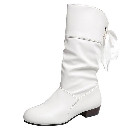 Damen Wadenhohe Slouch‑Stiefel mit dekorativem Satinschnürband und niedrigem Blockabsatz Nord Taschen