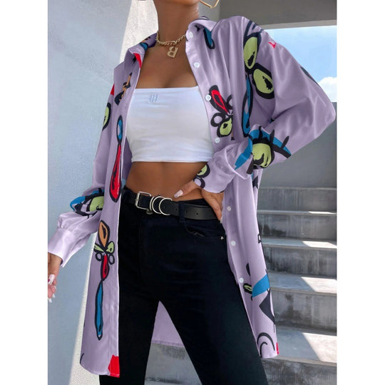 Damen Oversized Longbluse mit Pop‑Art‑Print, Hemdkragen und durchgehender Knopfleiste Nord Taschen
