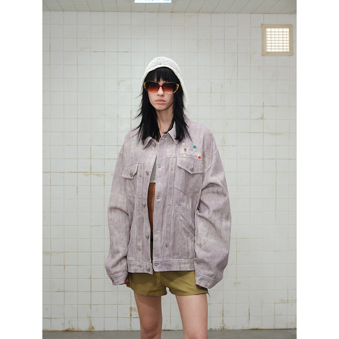 Unisex Boxy-Jeansjacke mit Acid‑Wash‑Effekt, Pattentaschen und floraler Bruststickerei Nord Taschen