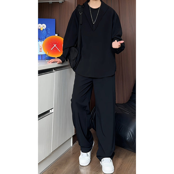 Herren locker geschnittenes zweiteiliges Freizeitset mit tiefem V-Ausschnitt Overshirt und weitem Bundfaltenhose Nord Taschen