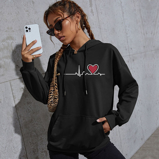 Damen Oversize-Kapuzenpullover mit Herz-EKG‑Print und Kängurutasche Nord Taschen