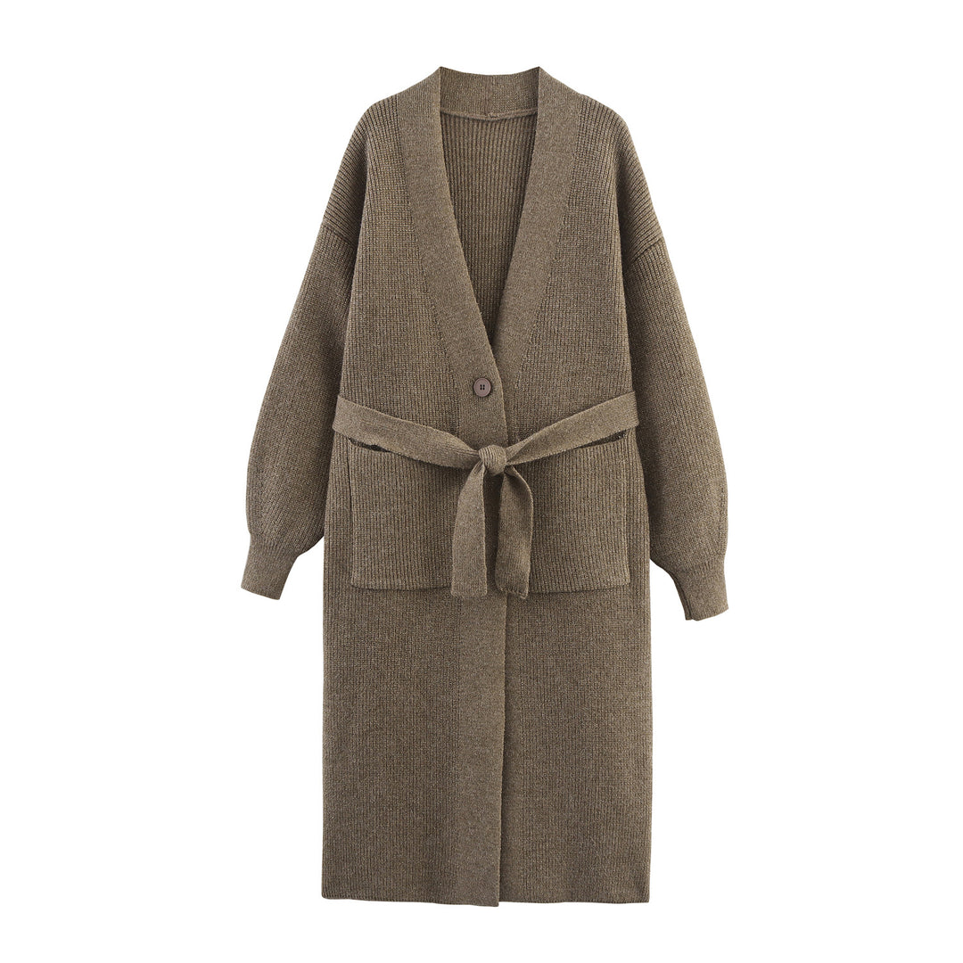 Damen Lange Strickjacke mit Bindegürtel, aufgesetzten Taschen und tiefem V-Ausschnitt Nord Taschen