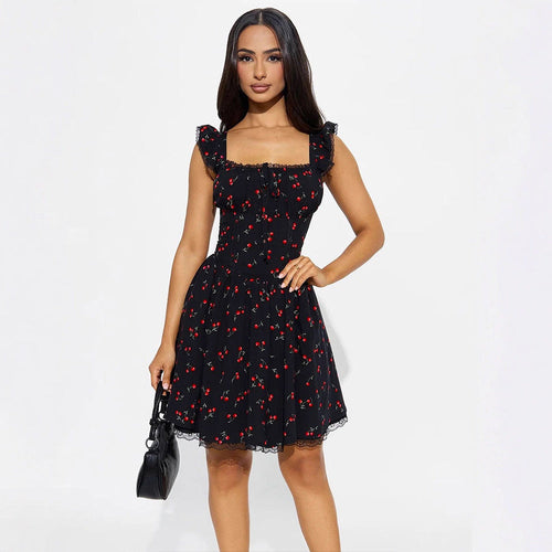 Damen Sommerkleid mit verspieltem Kirschmuster und Spitzenakzenten Nord Taschen