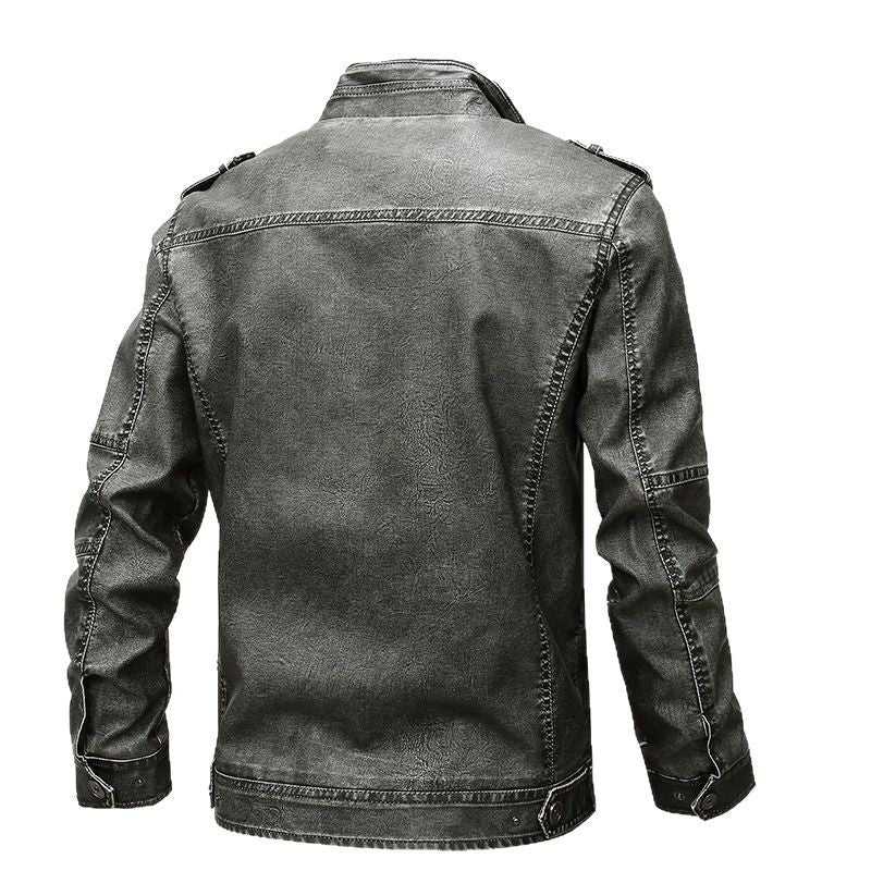 Herren Vintage-inspirierte Bikerjacke in Lederoptik mit Utility-Taschen und Stehkragen Nord Taschen
