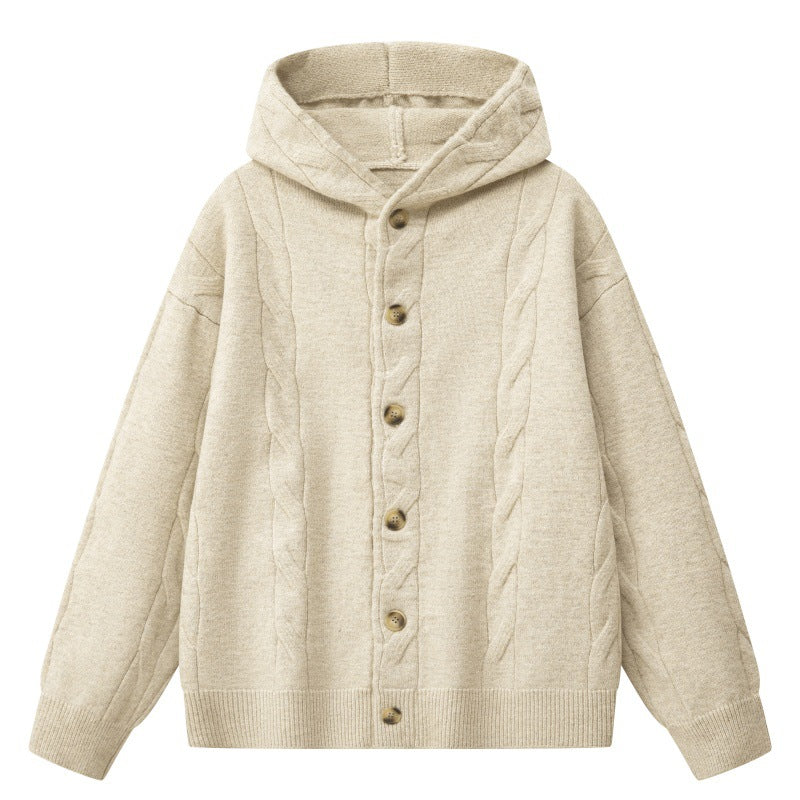 Damen Oversize-Kapuzen-Strickjacke mit Zopfmuster & Knopfleiste Nord Taschen