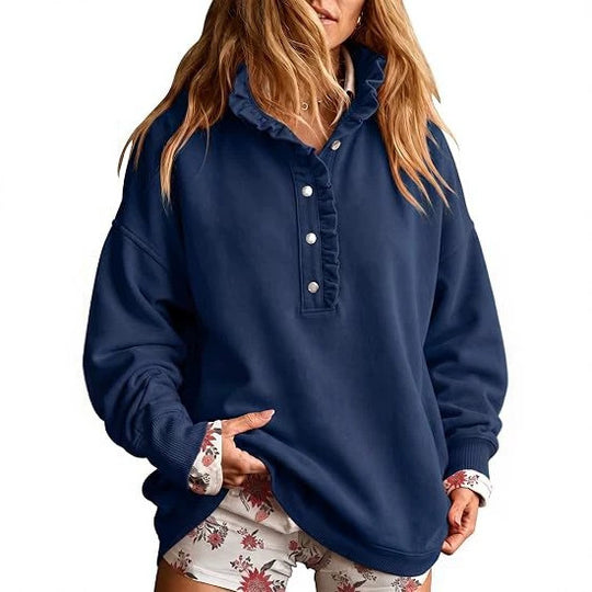 Damen Oversize-Sweatshirt mit Rüschenkragen und Druckknopfleiste Nord Taschen