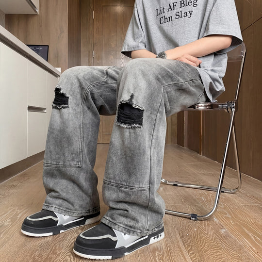 Herren Weite Baggy-Jeans mit Used‑Wash, Knie‑Rips & Utility‑Nähten Nord Taschen