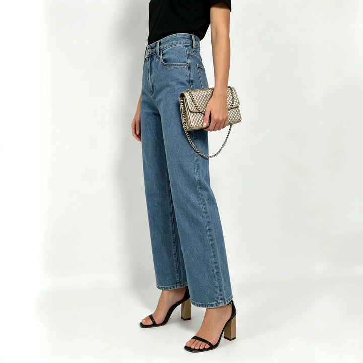 Damen hochgeschnittene Straight-Leg-Jeans mit geradem Bein und dezenter Vintage-Waschung Nord Taschen