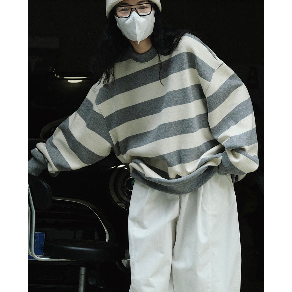 Damen Oversized Baumwollmix-Strickpullover mit breiten Blockstreifen und überschnittener Schulter Nord Taschen
