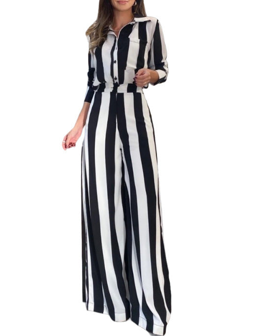 Damen Eleganter Jumpsuit mit auffälligem Streifenmuster und praktischen Taschen
