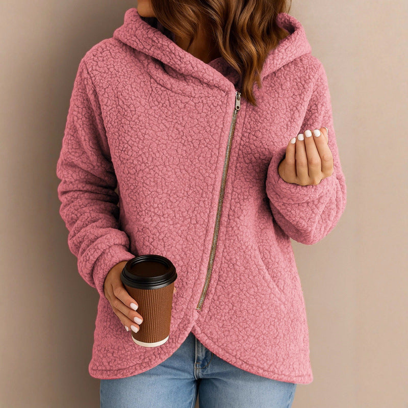Damen Teddy-Fleecejacke mit asymmetrischem Reißverschluss, Kapuze und gewelltem Saum Nord Taschen