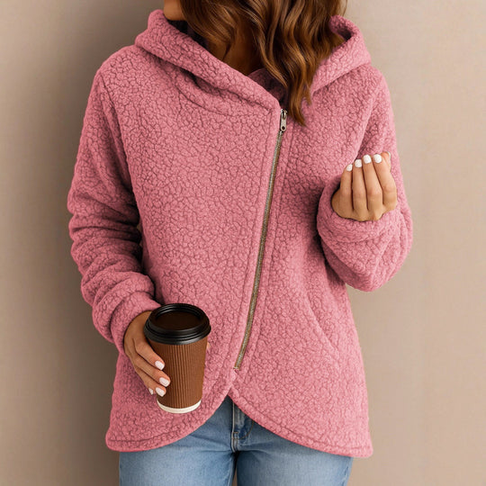 Damen Teddy-Fleecejacke mit asymmetrischem Reißverschluss, Kapuze und gewelltem Saum Nord Taschen