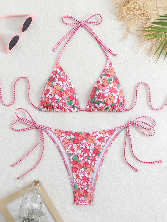 Damen Triangel-Bikini-Set mit verspieltem Blumenmuster und feinen Bindebändern