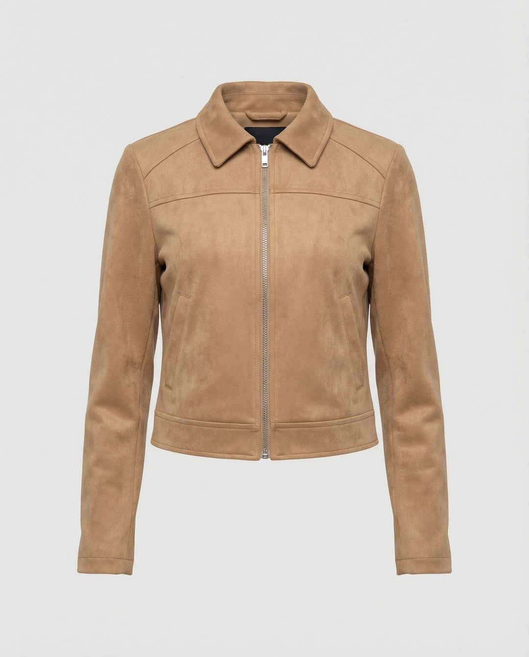 Damen Bekleidungsgeschäft kurz geschnittene Reißverschlussjacke mit Hemdkragen und taillierter Silhouette aus Wildlederimitat