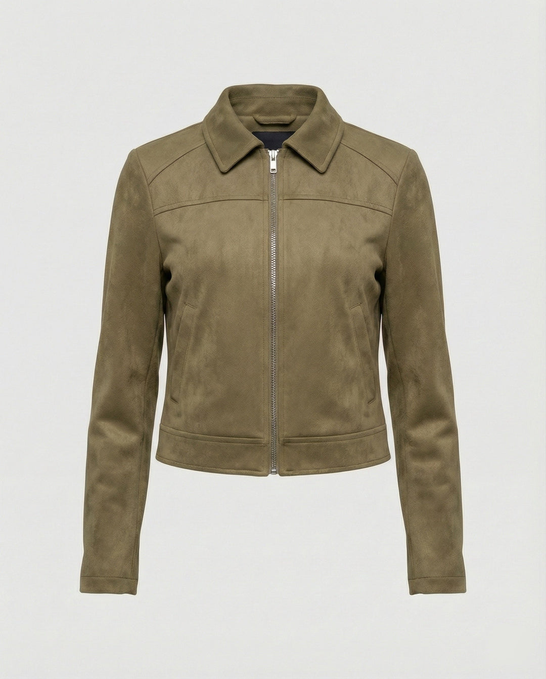 Damen Bekleidungsgeschäft kurz geschnittene Reißverschlussjacke mit Hemdkragen und taillierter Silhouette aus Wildlederimitat