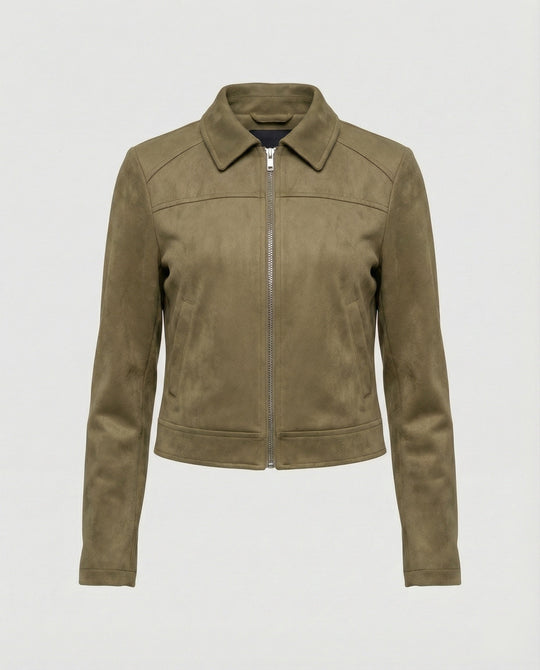 Damen Bekleidungsgeschäft kurz geschnittene Reißverschlussjacke mit Hemdkragen und taillierter Silhouette aus Wildlederimitat