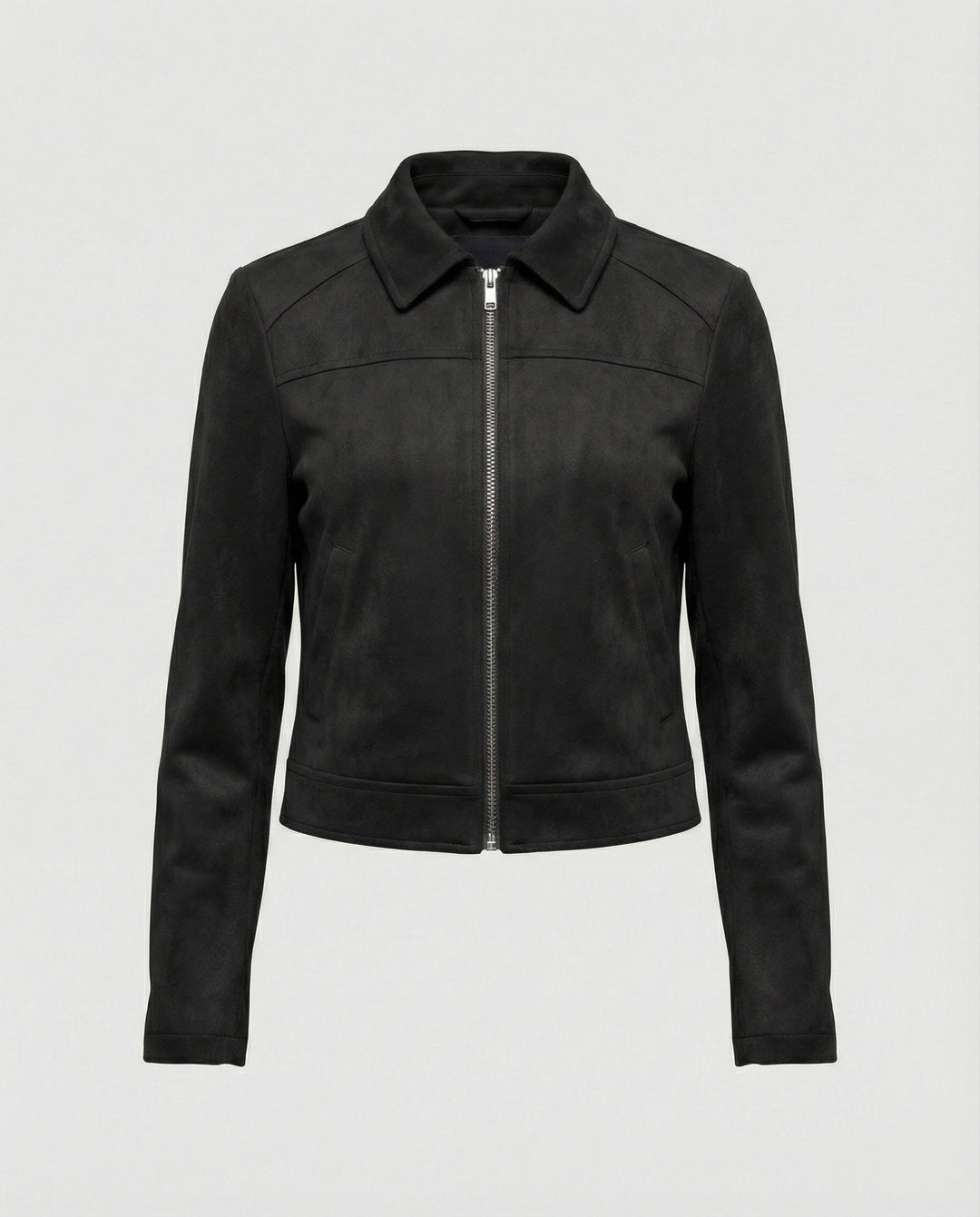 Damen Bekleidungsgeschäft kurz geschnittene Reißverschlussjacke mit Hemdkragen und taillierter Silhouette aus Wildlederimitat
