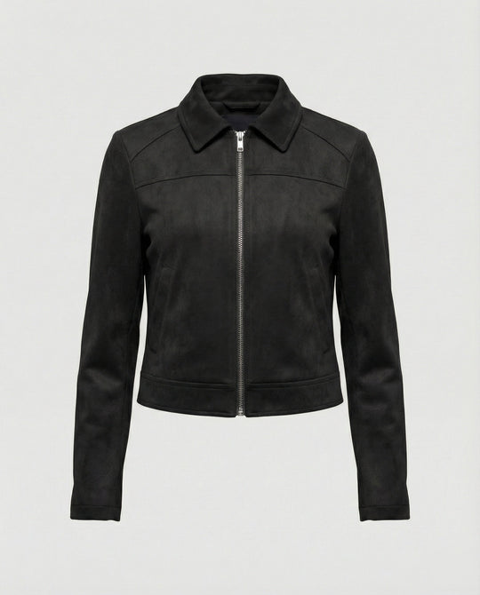 Damen Bekleidungsgeschäft kurz geschnittene Reißverschlussjacke mit Hemdkragen und taillierter Silhouette aus Wildlederimitat