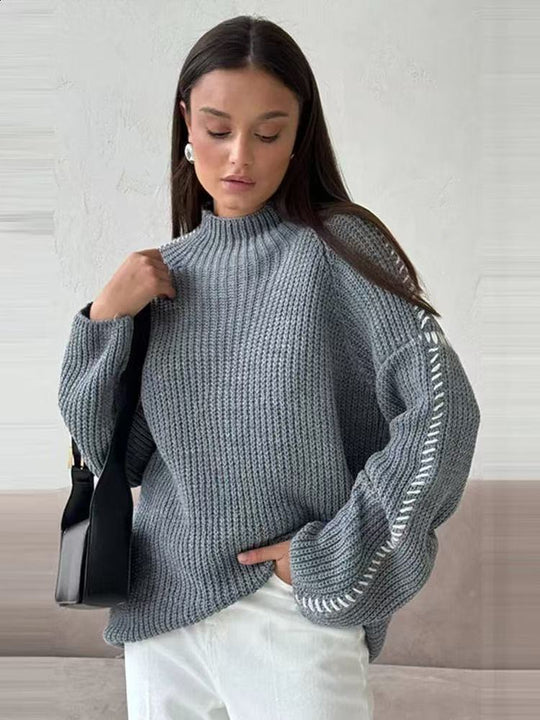 Damen Oversize-Strickpullover mit Stehkragen, Ballonärmeln und Ziernaht Nord Taschen