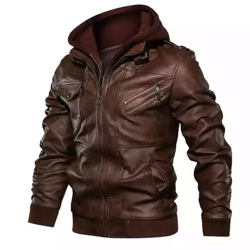 Herren Kapuzen-Lederimitatjacke im Bikerstil mit Reißverschlusstaschen und gerippten Bündchen Nord Taschen