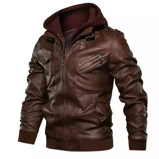 Herren Kapuzen-Lederimitatjacke im Bikerstil mit Reißverschlusstaschen und gerippten Bündchen Nord Taschen