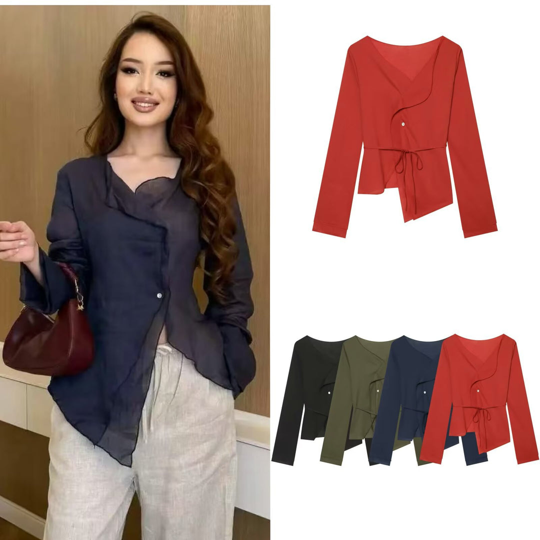 Damen Asymmetrische Wickelbluse mit Volantkante und Taillengürtel Nord Taschen