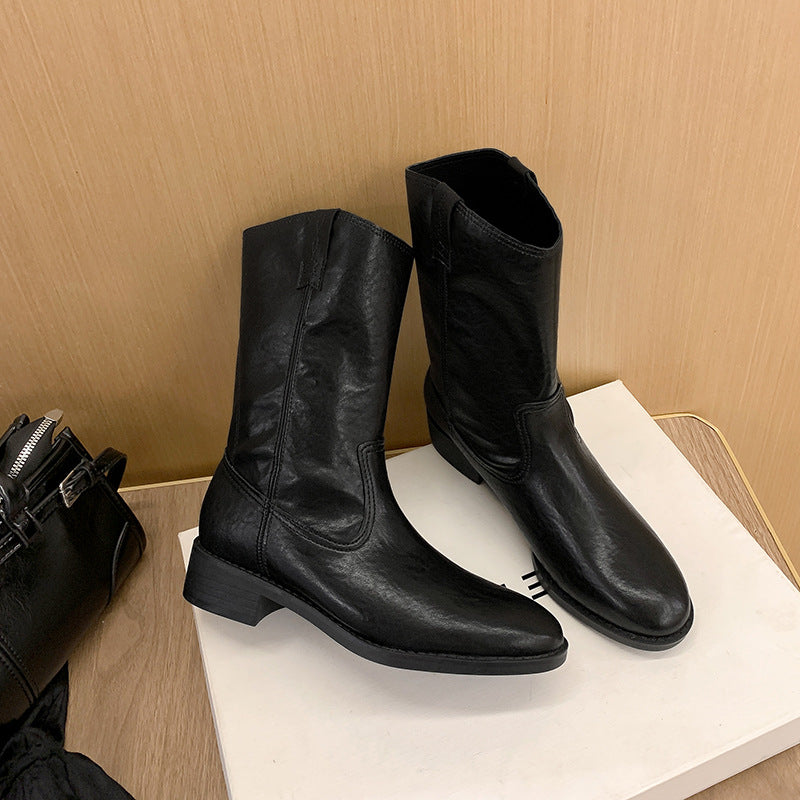 Damen Mid-Calf Western-Stiefel aus Glattleder mit niedriger Blockabsatz Nord Taschen