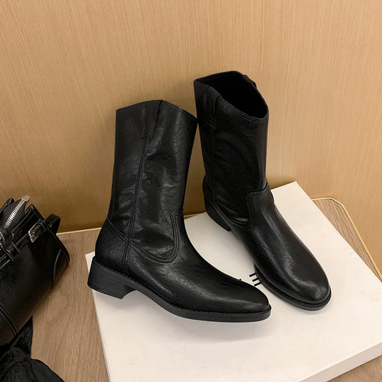 Damen Mid-Calf Western-Stiefel aus Glattleder mit niedriger Blockabsatz Nord Taschen