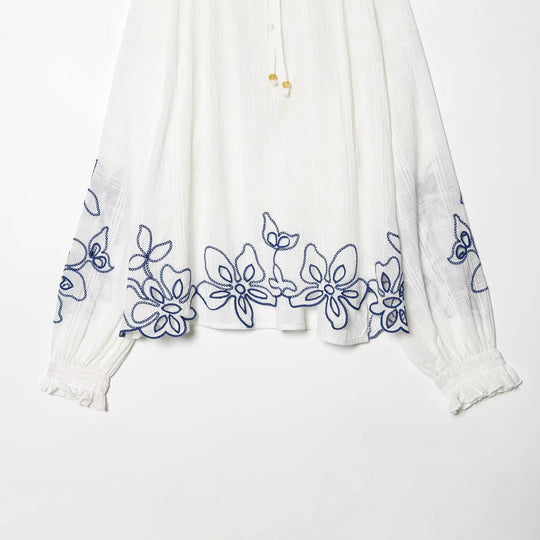 Damen bestickte Baumwoll-Tunika mit Volantkragen, Smokdetails und Bindeband Nord Taschen