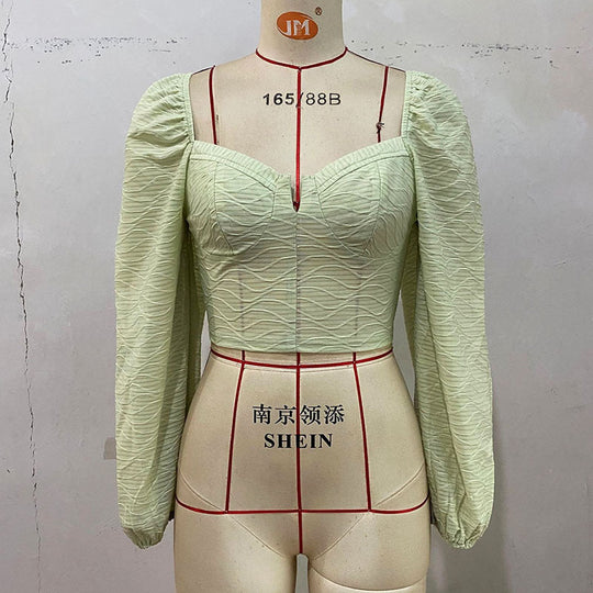 Damen Kurzes Bustier-Cropped-Top mit herzförmigem Ausschnitt, Puffärmeln und strukturierter Chiffonoptik Nord Taschen