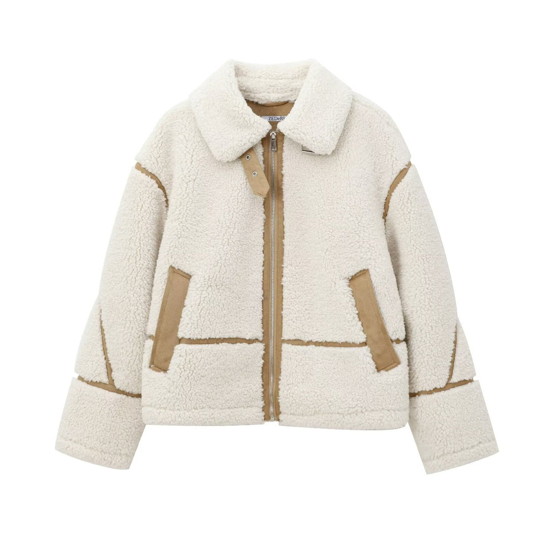 Damen Kurzjacke im Aviator-Look mit Teddyfutter, Kunstlederbesatz und asymmetrischem Reißverschluss Nord Taschen